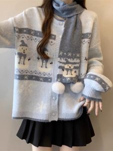 Christmas Atmosphere Knitted Sweater Coat Large Size Womens Autumn Winter New Style Fleece Wrap Scarf Comfortable Knitwear