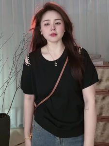 Áo Thun Nữ Tay Ngắn Dệt Kim Dáng Rộng Mùa Hè Mới Cỡ Lớn Thiết Kế Vai Áo Cotton Màu Trơn Cổ Tròn Phong Cách Hàn Quốc