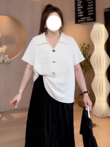Loose Slimming Womens Summer Shirt French Contrast Color Collar Short Sleeve Polo Neck Chiffon Blouse Korean Style plus Size