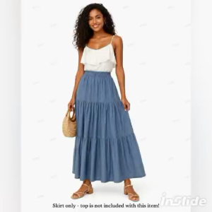 CC  2026 summer new womens a-line midi skirt | faux denim patchwork design | elastic waist mid-length cake skirt