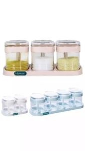 Bộ khay lọ đựng gia vị HOKORI nhựa VIỆT NHẬT cao cấp - Trong suốt nắp bật kèm muỗng - 2935/6/7