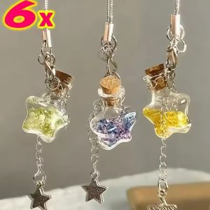 6Pcs Lucky Four Leaf Clovers Keychain Charm Fashion Star Bottle Mobile Phone Lanyard Kawaii Bag Decorative Accessories Keyring
