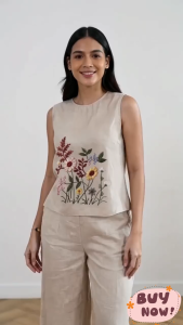 Women Korean Floral Embroidered Sleeveless Top & Wide Leg Pants Casual Summer Two Pieces Set L2374