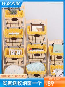 Simple Real Wood Multi-Layer Iron Art Basket Living Room Storage Rack Toy Organizer Snack Storage Floor-standing Shelf