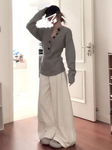 Chic Grey V-Neck Knitwear Womens Fashion Early Autumn Korean Style Casual Slim Fit Long Sleeve Soft Polyester Fiber Shirt