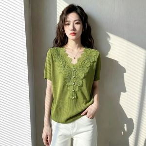 Lace V-neck Short Sleeve Silky Shirt
