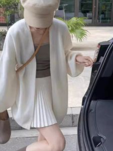 Elegant White Knitted Sweater Coat Womens Spring Autumn Loose Versatile Open Cardigan Long Sleeve Solid Color Commute Style
