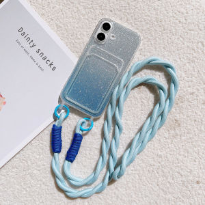 Crossbody Lanyard Strap Card Holder Glitter Gradient Case For iPhone 16 15 14 Pro Max Plus 12 13 Mini 11 7 8Plus XR XS Max Cover