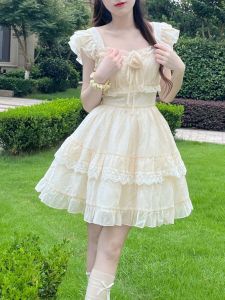 French Sweet Short Puffy Sleeve Princess Style Dress Women Summer High Waist Slimming Fluffy Skirt Fairy Tale Princess Dress