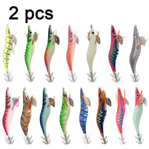 2 pcs Premium Wooden Fishing Lure Squid Jig Hook- Realistic Shrimp and Cuttlefish Design - Hard Bait for Saltwater and Freshwat