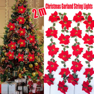 ดอกไม้ประดิษฐ์คริสต์มาสโคมไฟเชือกเทียนสีแดง2ม. พร้อมเบอร์รี่สีแดงใบฮอลลี่สำหรับตกแต่งต้นคริสต์มาสบ้านในร่มกลางแจ้งงานปาร์ตี้