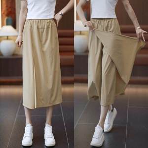 ผู้หญิง น้ําแข็ง ผ้าไหม ขากว้าง กางเกง เอวยืดหยุ่น บาง ฤดูร้อน ลำลอง สูง เอว ความยาวเจ็ดฟุต ทันสมัย กระโปรง กางเกง