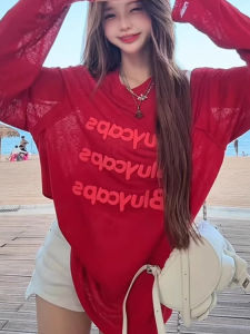 chaqi | American Letter Print Red Long Sleeve T-Shirt Women Summer Thin Outer Cover Dopaamine Matching Top Loose Fit Commute Style