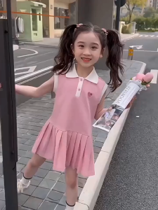 Summer Cool Breathable A-line Skirt Girls Shirt Dress Cute Cartoon Heart-shaped Print Dress Kids New Fashion Dress Summer Shirt Sleeveless Vest Dress Birthday Gift Princess Dress Girls Christening Dress For 1 2 3 4 5 6 7 Years Old OOTD