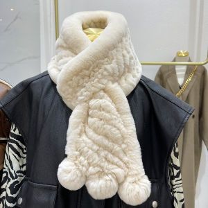 Thickened Double-Sided Rabbit Fur Scarf Knitted Warm Fashionable Womens Winter Neck Warmer Cute Ball Plush Trim Long Rectangle