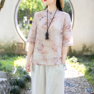 New Chinese Style Cotton Linen Shirt Women Summer Thin Print Zen Tea Service Sleeveless Stand Collar Loose Fit Commute Wear