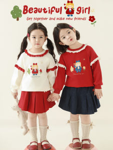 Sweet Cute Girls School Style Set Cotton Blend Butterfly Knot Embroidered Pleated Short Skirt Printed Sweatshirt Spring Casual Wear