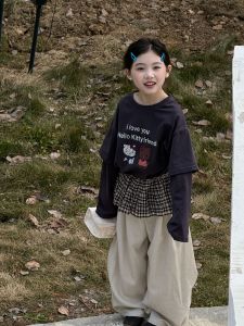 Loose Cartoon Korean Style T-Shirt for Girls Spring Summer Fake Two-Piece Top Moisture Wicking Long Sleeve round Neck Design