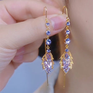 Long Purple Crystal Leaf Earrings Womens Anti-Loss Full Diamond Tassel Dangle Earrings Elegant Luxury Face Slimming Ear Jewelry
