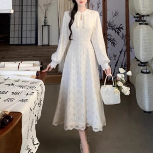 Elegant New Chinese Style Lace Long Dress Slimming Midi Qipao Skirt Spring Autumn plus Size Polka Dot Natural Waist Zipper