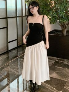 GUZILIAN | Fashionable Personality Splice Bustier Long Dress Slimming High Waist Korean Style Commute Pure Color Summer Dress