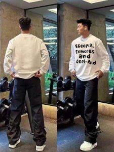 Áo Thun Dài Tay Cotton Nguyên Chất in Chữ Cổ Tròn Thường Ngày Mùa Thu Nam Áo Thun Dài Tay Phong Cách Đường Phố Đơn Giản