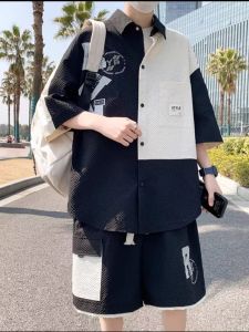 Summer Casual Short Sleeve Shirt And Shorts Set Mens plus Size Color Block Design Trendy Brand Two Piece Suit Comfortable Sportswear