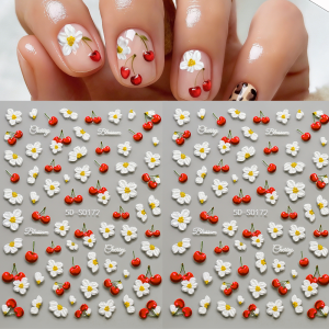1/2Pcs 5D Cherry Blossom Daisy Nail Stickers Red Fruit Frangipani Self-Adhesive Nails Decals Spring Summer Fresh Manicure Decor