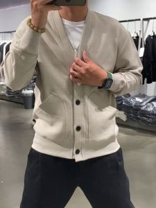 Short Workwear Jacket Mens Large V-Neck Single Button Long Sleeve Sweatshirt Cardigan French Commute Outerwear