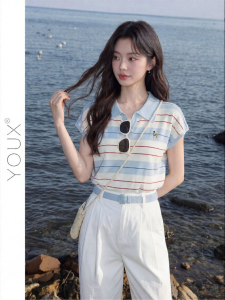 YOUXIANG | Áo Polo Knitted Họa Tiết Mèo Xanh Trắng Sọc Tay Voan Cho Phụ Nữ