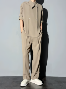 Adjustable Long Sleeve Double Button Mens Shirt Korean Design Spring Autumn Set High Fashion Trendy Ice Silk Youth Casual