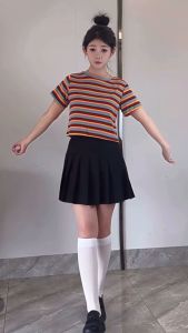 T-Shirt For Women Summer New Cotton Rainbow Striped T-Shirt Casual Slim Short Top