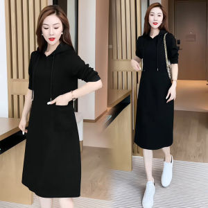 Casual Large Size Hoodie Dress Womens Pure Color Long Skirt Slimming Black Sweatshirt Dress Spring Autumn Fashion Anti-Aging