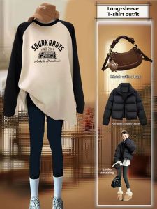 Color Block Raglan Sleeve Flannel Long Sleeve T-shirt Medium-long Loose Fitting
