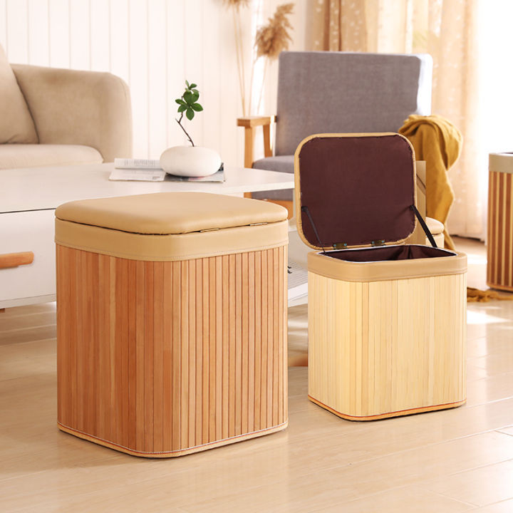 Wood Storage Box Chair Bamboo Woven Solid Wood Storage Stool
