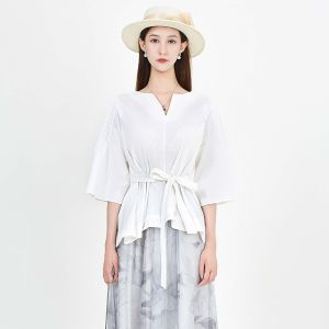 S·DEER | Slimming V-Neck Waist-Cinching Pleated Bell-Sleeve Asymmetrical Autumn Womens Shirt