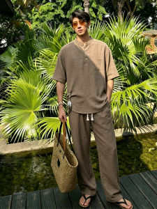 OUMULONG | Cafe Colored Vintage Style Linen Summer Mens Short Sleeve T-Shirt Thin Loose Casual Pants Set