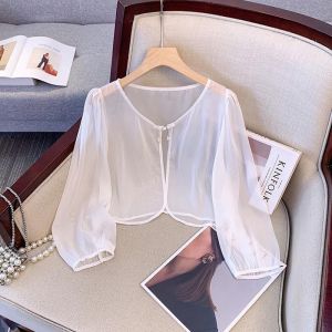 Casual Long Sleeve Womens Sun Protection Shirt Shawl Coat Short Length Skirt Matching Thin Outerwear Silk Chiffon Traditional Chinese Style Button