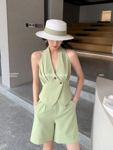 Dragon Joy Commuter Green Casual Shorts Set Simple Cool High Waist Asymmetric Pocket Pants Spring Season Womens Fashion