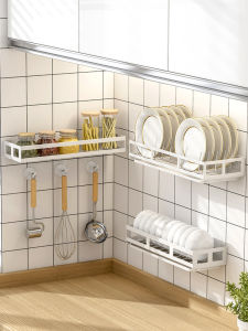 Stainless Steel Wall-Mounted Kitchen Storage Rack No-Drilling Dishware Storage Shelf Nordic Style Single Layer Plate Bowl Organizer