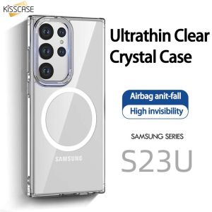 KISSCASE Magnetic Absorption Case For Samsung S23Ultra Mobile Phone Shell S23Plus Metal Lens Frame Ring Protector Magsafe Wireless Charger Mobile Phone Shell HD Transparent Clear Back Cover For Galaxy S23 Anti-Yellow Back Cover