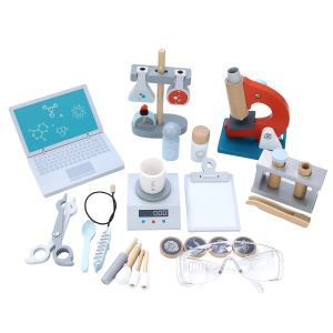 Wooden Scientist Kit - STEM Educational Toy Set with Laptop Microscope Beakers and Other Wooden Role-Playing Educational Toys