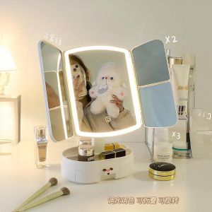 Desktop LED Makeup Mirror Foldable Rotatable Large Size Lighted Bathroom Vanity Table Mirror for Students Dormitory