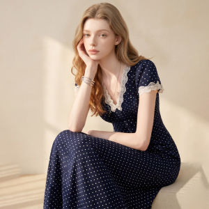 Polka Dot Lace Edge French Vintage Slimming V-Neck Long Dress
