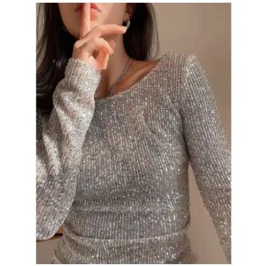 Long Sleeve Women Basic Solid Casual Pullovers Autumn Winter Slim Fit Bling Bling Shiny Women Sequined T-shirts