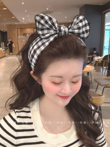 Retro Black White Plaid Butterfly Knot Wide Edge Hairband Womens New 2025 High Forehead Pressed Hair Hair Clip Face Wash