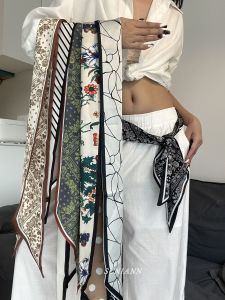 Elegant Long Silk Scarf Womens Style Thin Floral Print Korean Version Fashion Accessory for Neck And Waist in Spring And Autumn