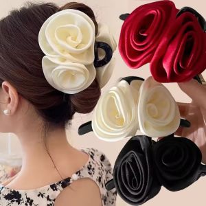 French Vintage Satin Rose Flower Hair Claw Clips For Women Girls Solid Fabric Shark Clip Ponytail Barrette Hair Accessories