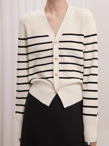 French Black White Striped V-Neck Knitted Open Cardigan Womens Autumn Winter Loose Lazy Slimming Sweater Coat Top