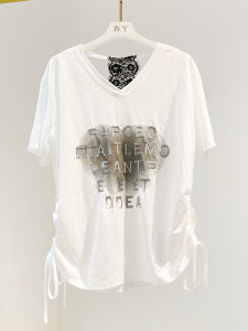 V-Neck Short Sleeve T-Shirt Womens Back Design Sense Drawstring Embroidery Letter Lace Ice Linen Cotton White Summer Top